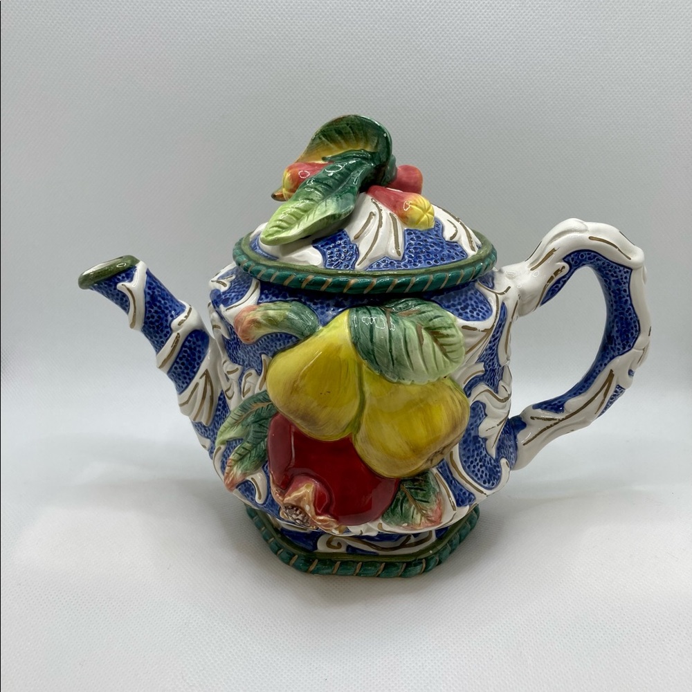 Vtg 90s Fitz and Floyd Florentine Fruit Blue Tea Pot